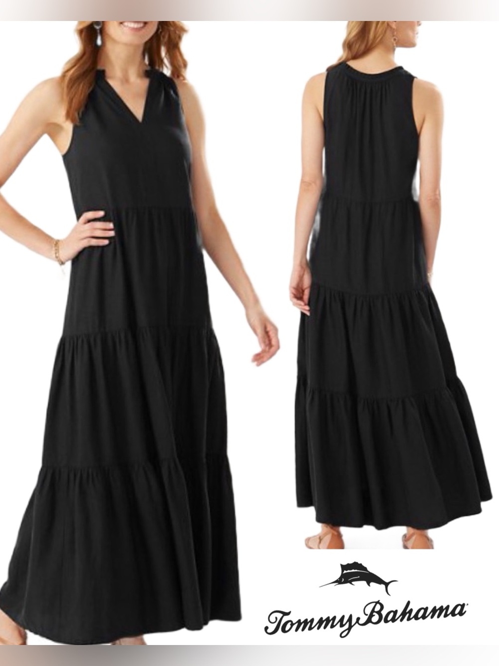 Tommy Bahama Lena Tiered Linen Blend Black Maxi Dress, Medium